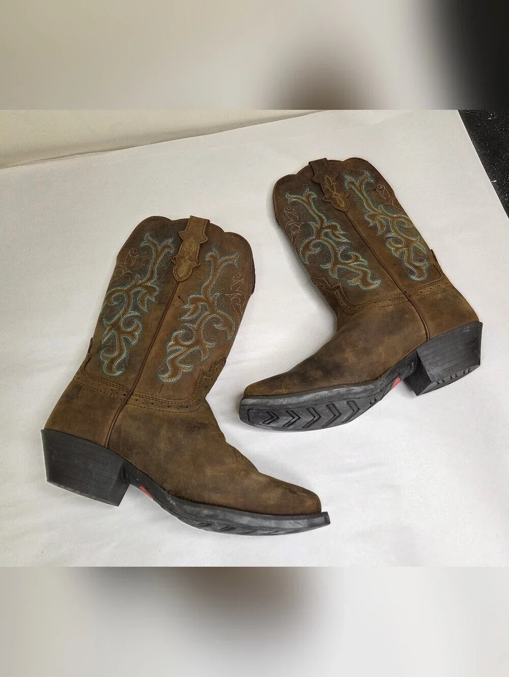 Justin Boots Brown Leather Western Cowboy Boots Embroidered Square Toe  8.5B